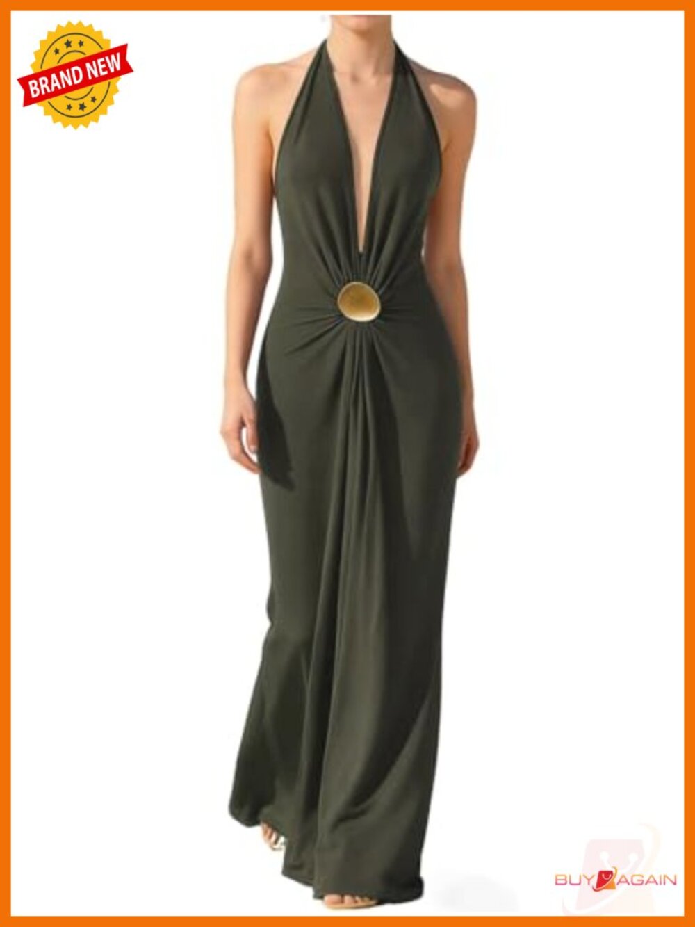 Women's Halter Maxi Dress Deep V Neck Ruched Bodycon Formal Wedding Guest